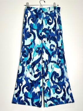 CHICO'S Travelers Wide Leg Pants Teal Blue Swirl Pattern Elastic Waist Size 8/10